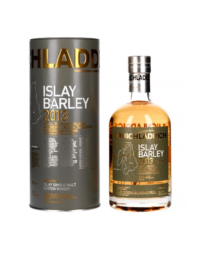 Whisky Bruichladdich Islay Barley 2013 - Vue rapprochée de la bouteille élégante et du liquide doré dans un verre à dégustation.